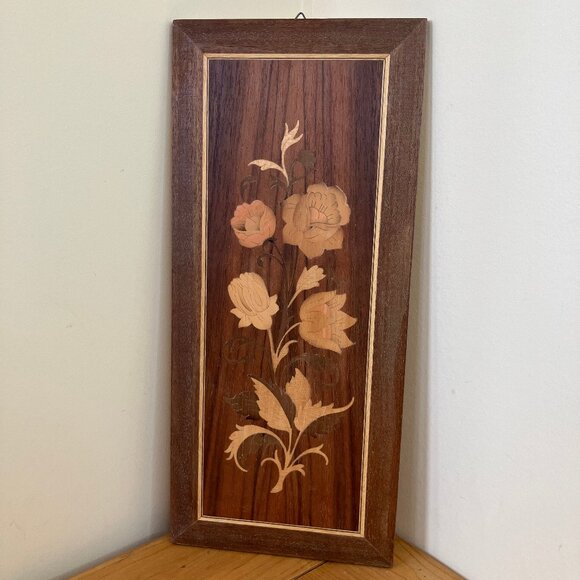 Flower Vine Wooden Marquetry Wall Hanging Floral Inlay Wood Picture Panel - Picture 2 of 4